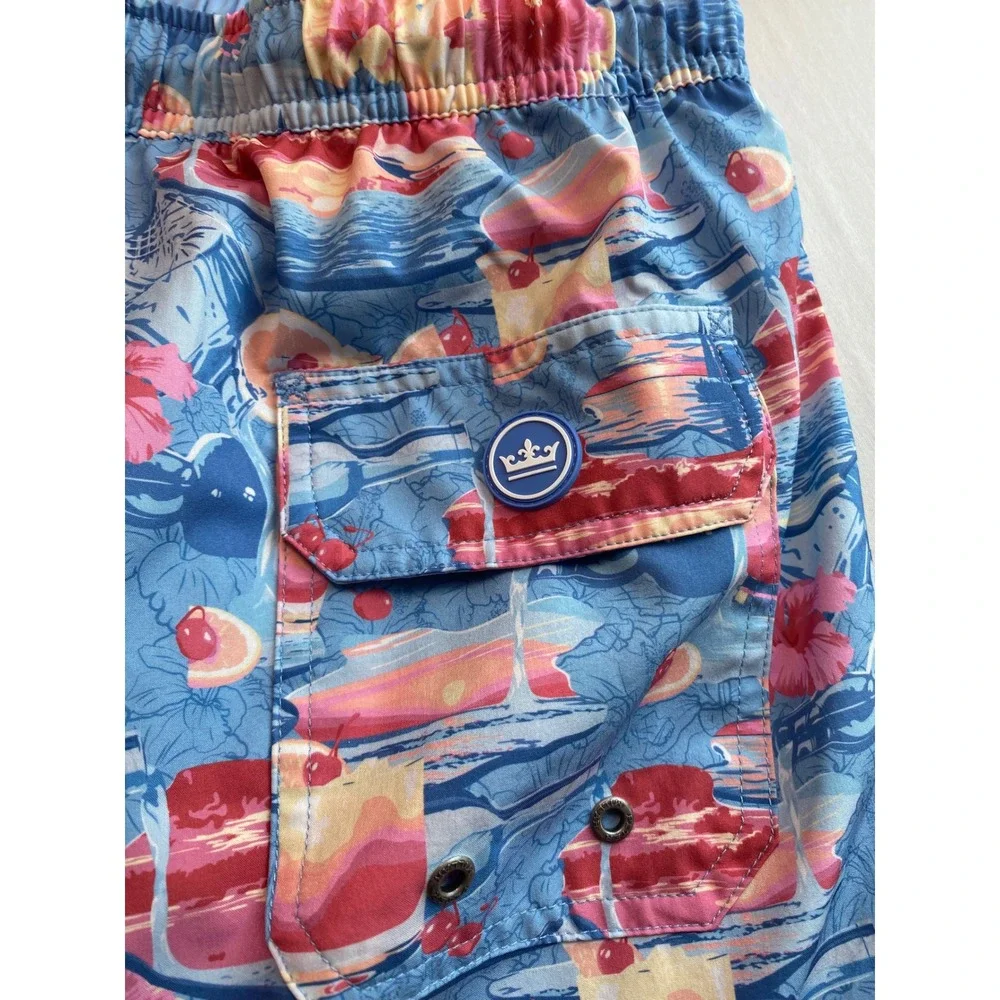 Peter Millar Mens Tropical Cocktail Print Swim Trunks Blue Pink Floral Large